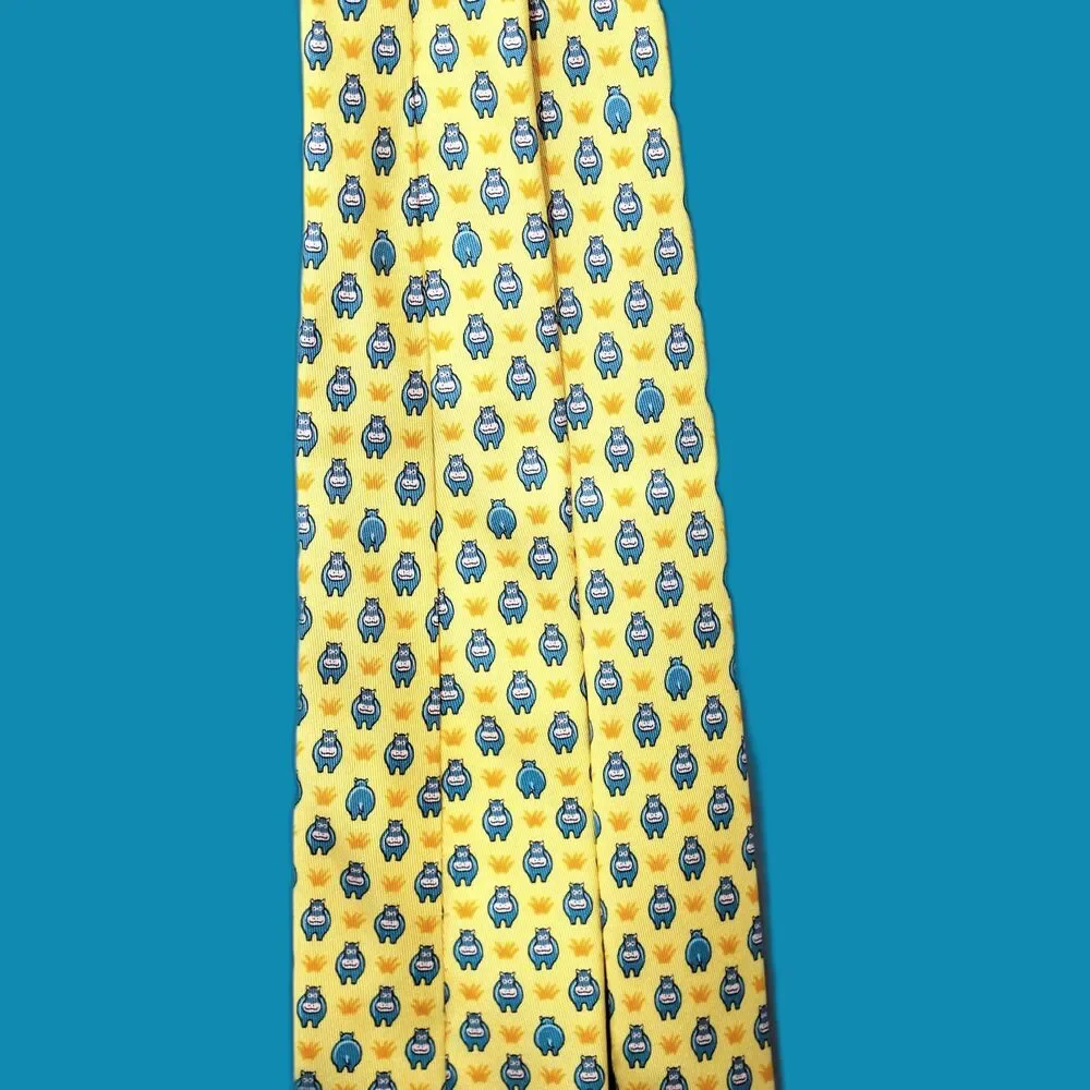 Hermès Yellow (RARE) Background w/Blue Hippopotamus Animal Print Silk Necktie!